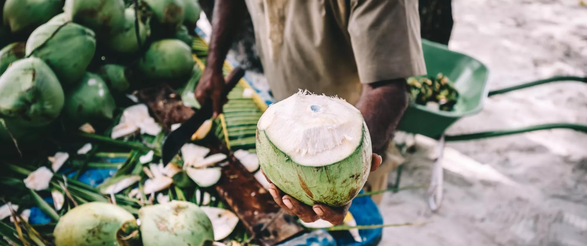 Vendor offers freshly cut tender coconut to customer