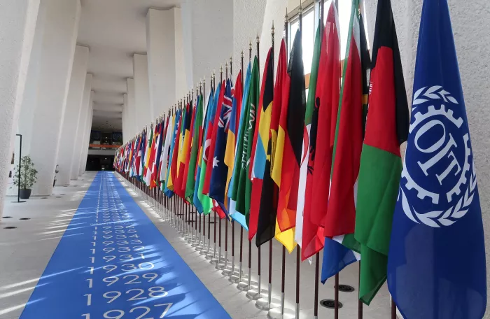 ILO headquarters colonnade with flags