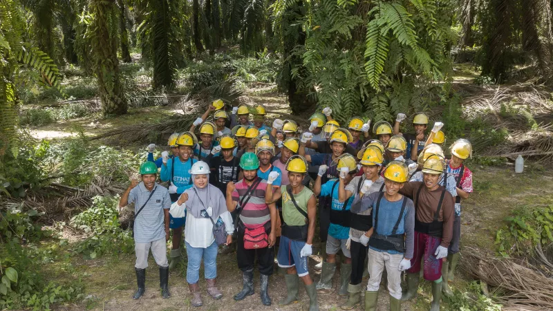 Indonesian palm oil workers before doing a spraying work