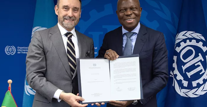 Ratification ceremony of Convention No. 190, 16 February 2024: Mr Rui Macieira – Portugal Ambassador to the UN Office and other international organizations in Geneva and  ILO DG Gilbert F. Houngbo