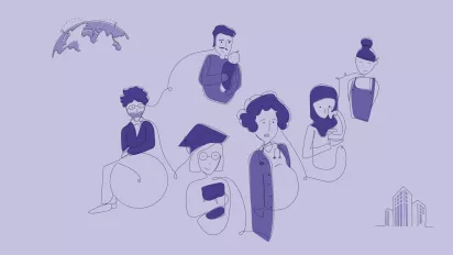 Illustration of different people connected by a line.