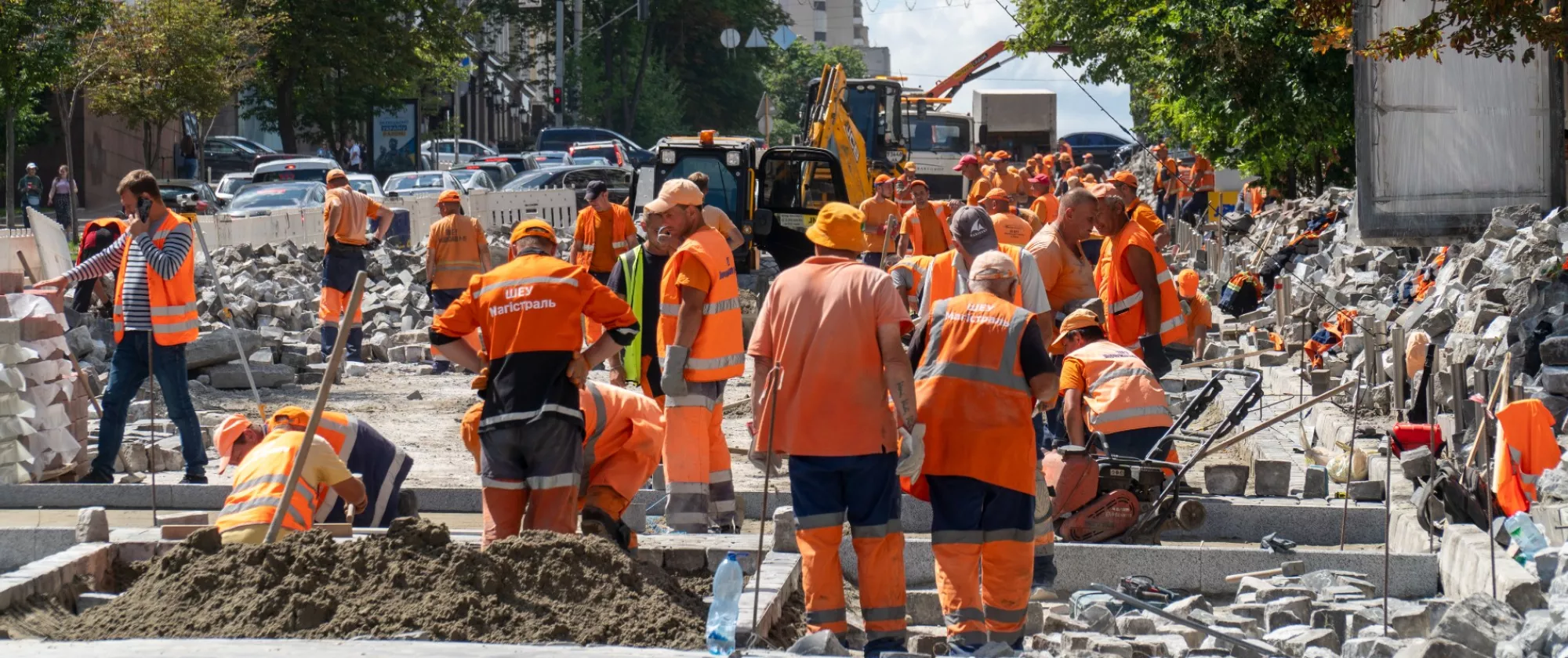 Road workers in Kyiv, Ukraine, 2023. 