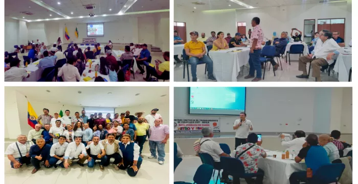 Collage de 4 fotos en las que se visibilizan diferentes momentos en la plenaria del evento y una foto grupal de los participantes.