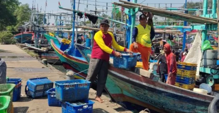 people working between dock and boat